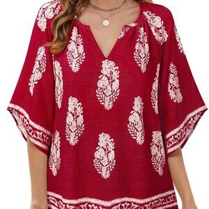 Bebonnie Womens Red 3/4 Sleeve V Neck Bohemian Blouse XXL